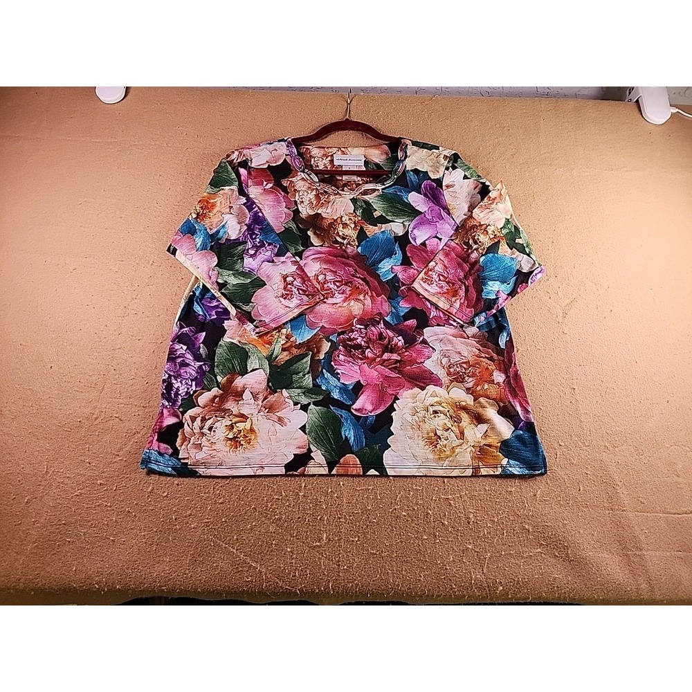 Alfred Dunner Womens Medium Floral Peony Print 3/4 Sleeve Stretch Top Blouse